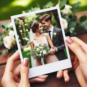hands holding picture of bride and groom on wedding day
