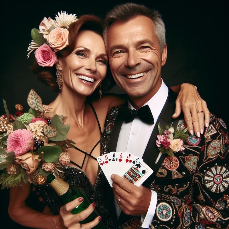 las vegas wedding couple with cards