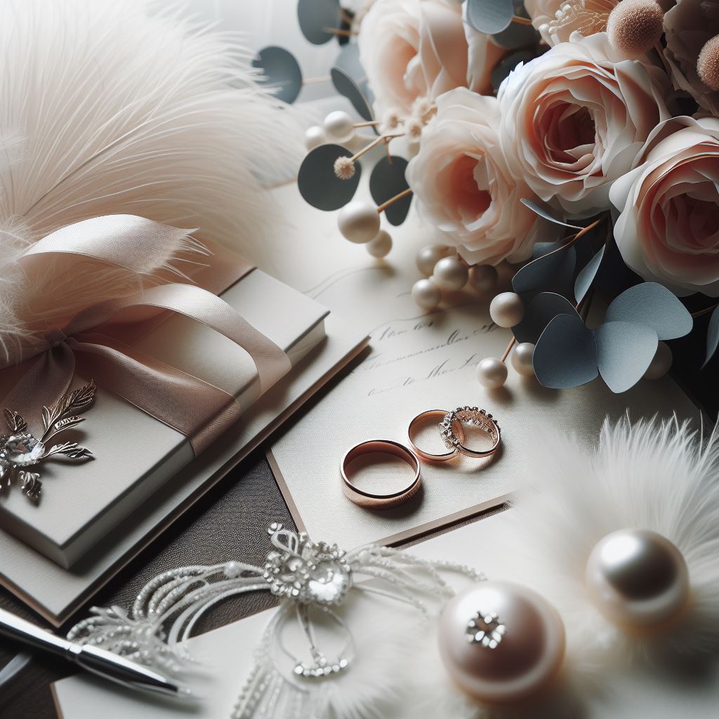 wedding rings, bridal bouquet