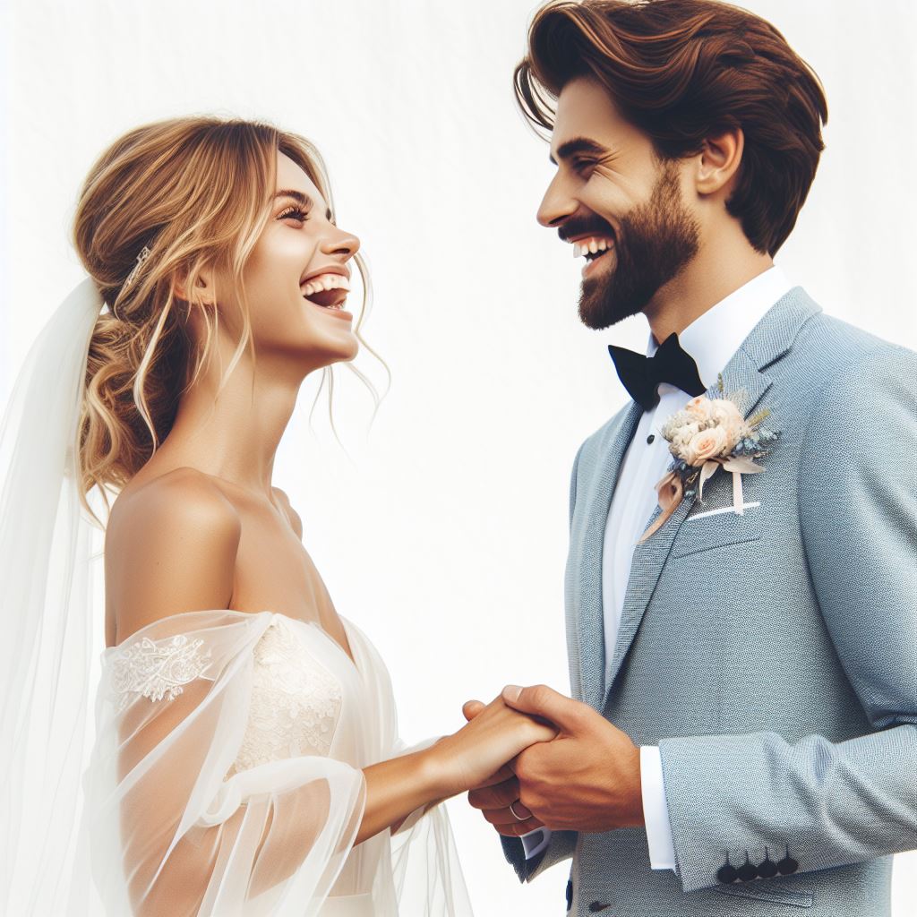 bride and groom laughing