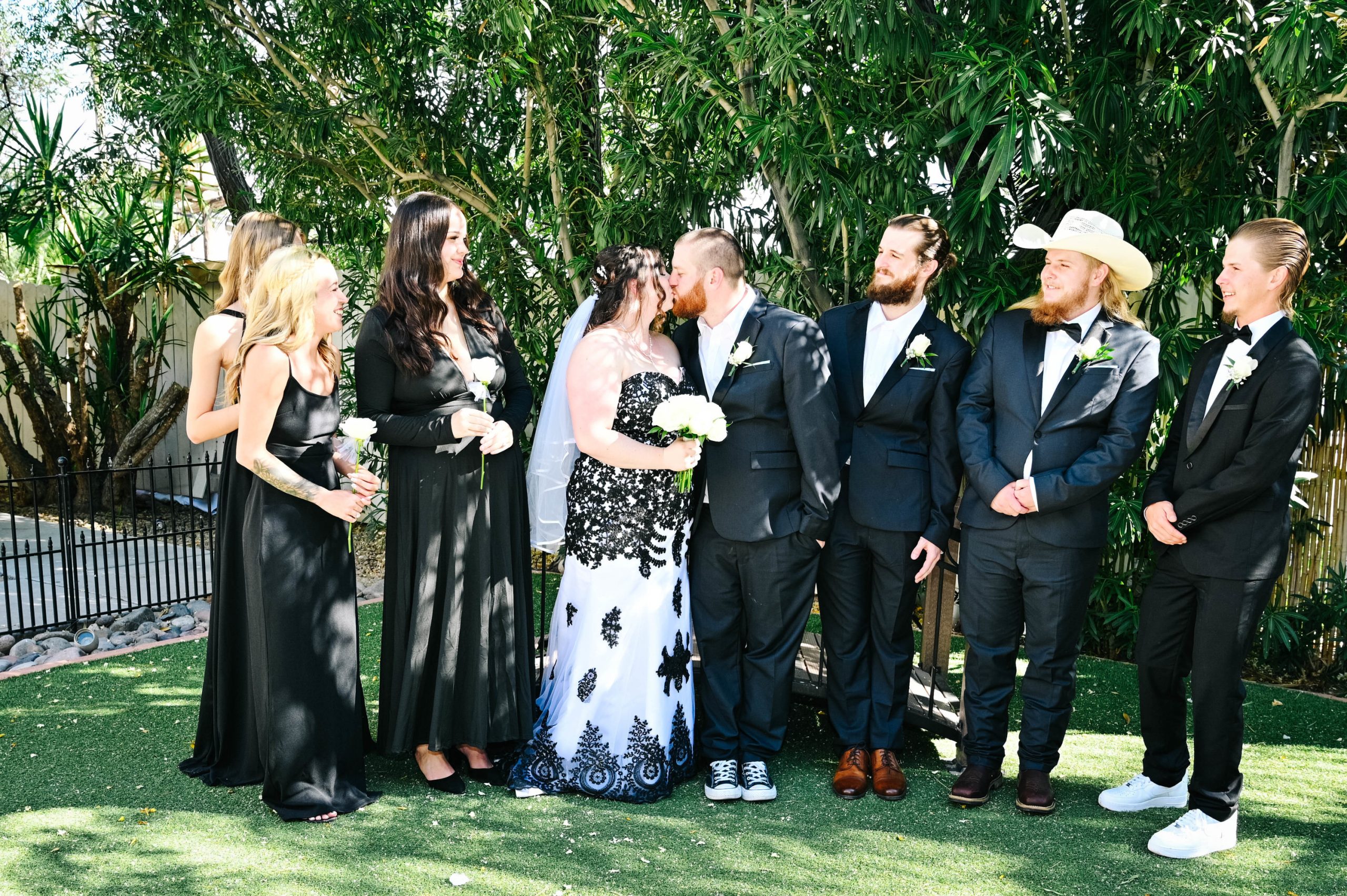 Friends and family celebrating a wedding at a Las Vegas chapel