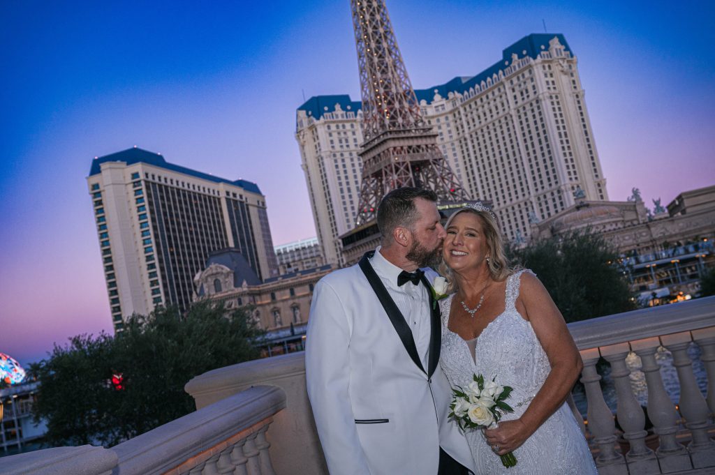 Romantic sunset Las Vegas Strip wedding photos at Las Vegas wedding chapel
