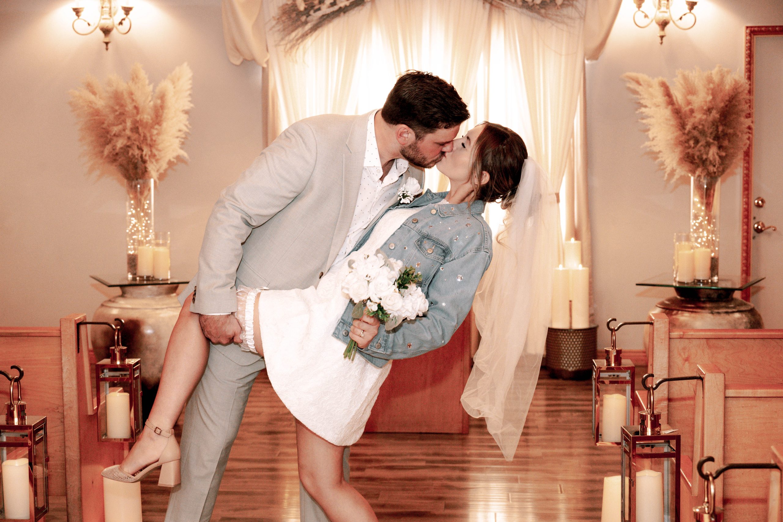 Bride and groom first kiss at a Las Vegas wedding chapel