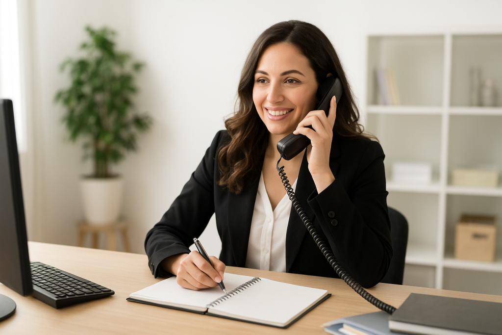 Professional wedding planner sitting at desk answering phone call and taking notes