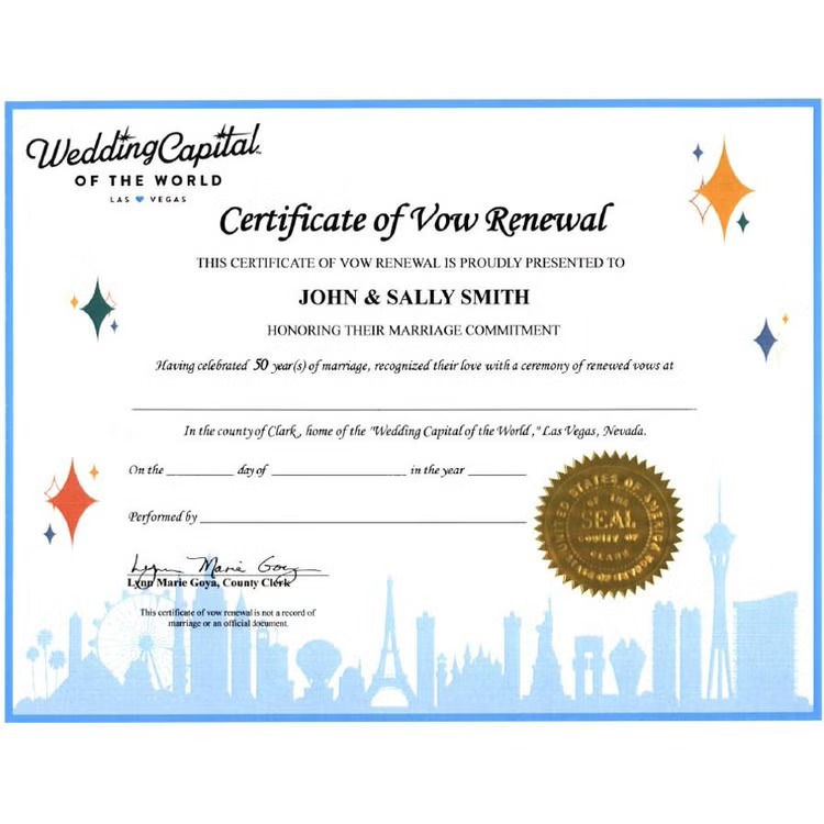 Souvenir Vow Renewal Certificates from Clark County