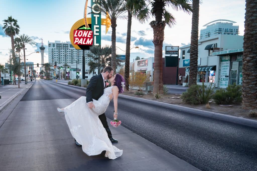 Bride and groom posing at Mon Bel Ami Wedding Chapel, Las Vegas wedding photography